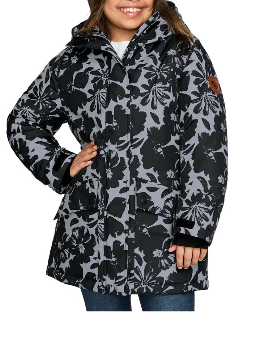NWT Roxy Girl floral insulated hooded winter snow parka jacket black size 7/8